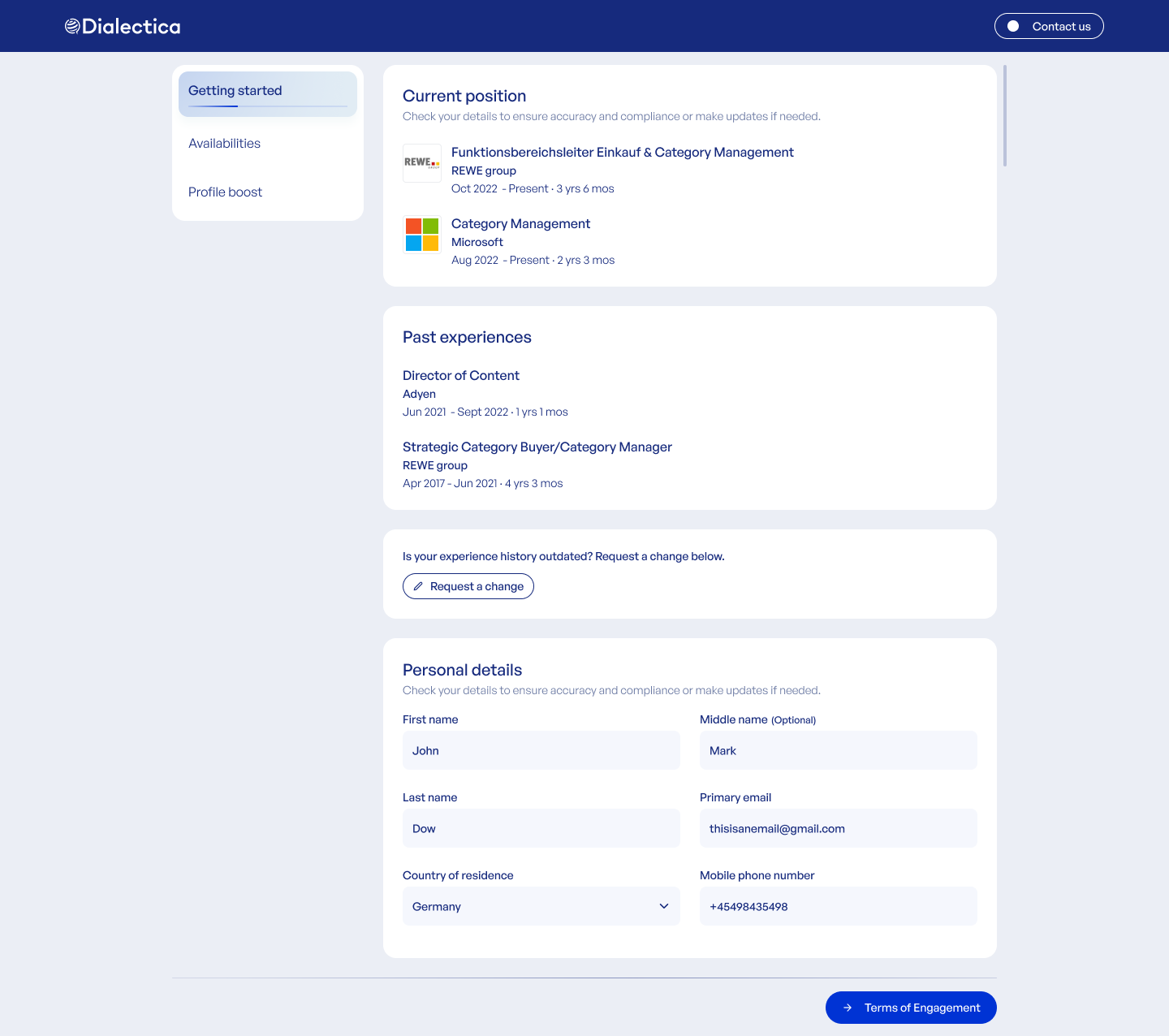 Redesigned Terms of Engagement flow — stepped layout with sidebar navigation